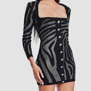 NWT Retrofete Elvira Knit Dress L Black Silver Zebra Print Crystals reg $498